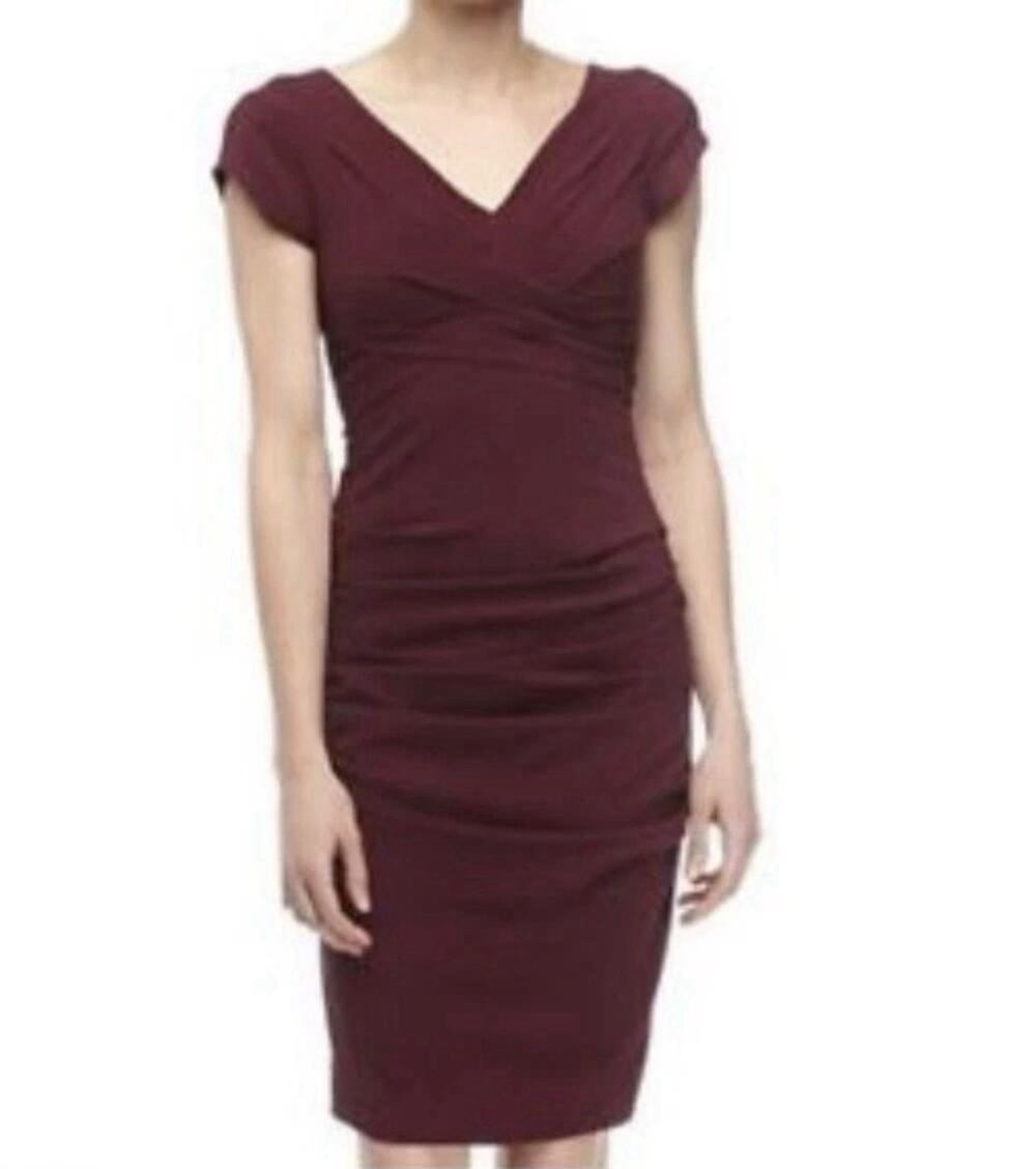 BCBGMAXAZRIA Bordeaux Vita Ruched Sheath Cocktail Dress Size 6 Bodycon Faux Wrap